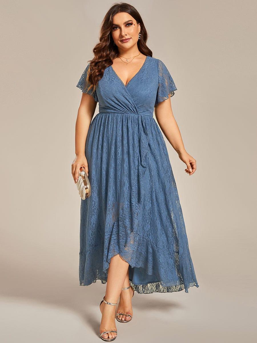 pretty ELISE|Plus Size Short Sleeve Ruffled V-Neck A-Line Lace Wedding Guest Dress