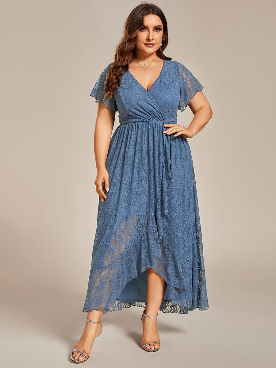 Plus Size Short Sleeve Ruffled V-Neck A-Line Lace Wedding Guest Dress #color_Dusty Blue