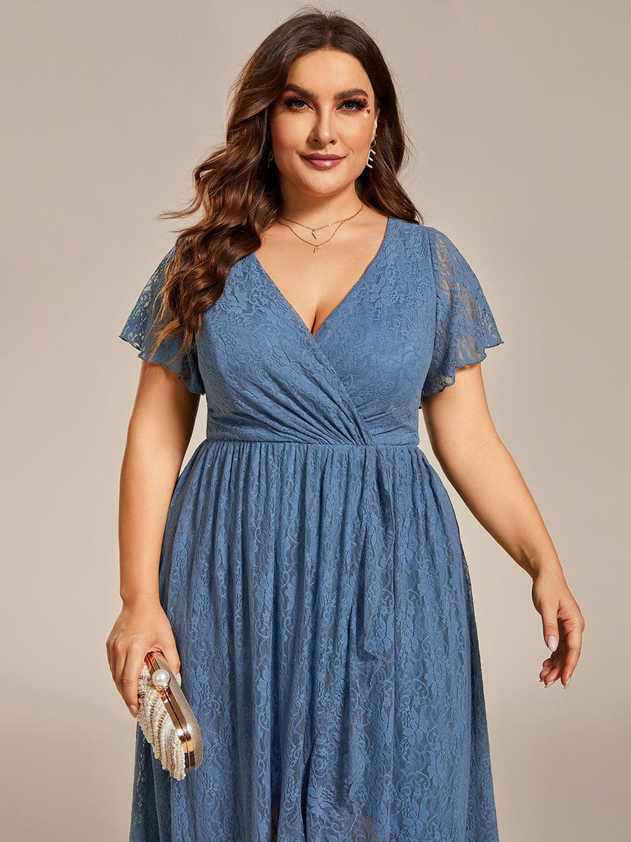 Pleated V-Neck Short Sleeve Ruffled Lace Evening Dress #color_Dusty Blue