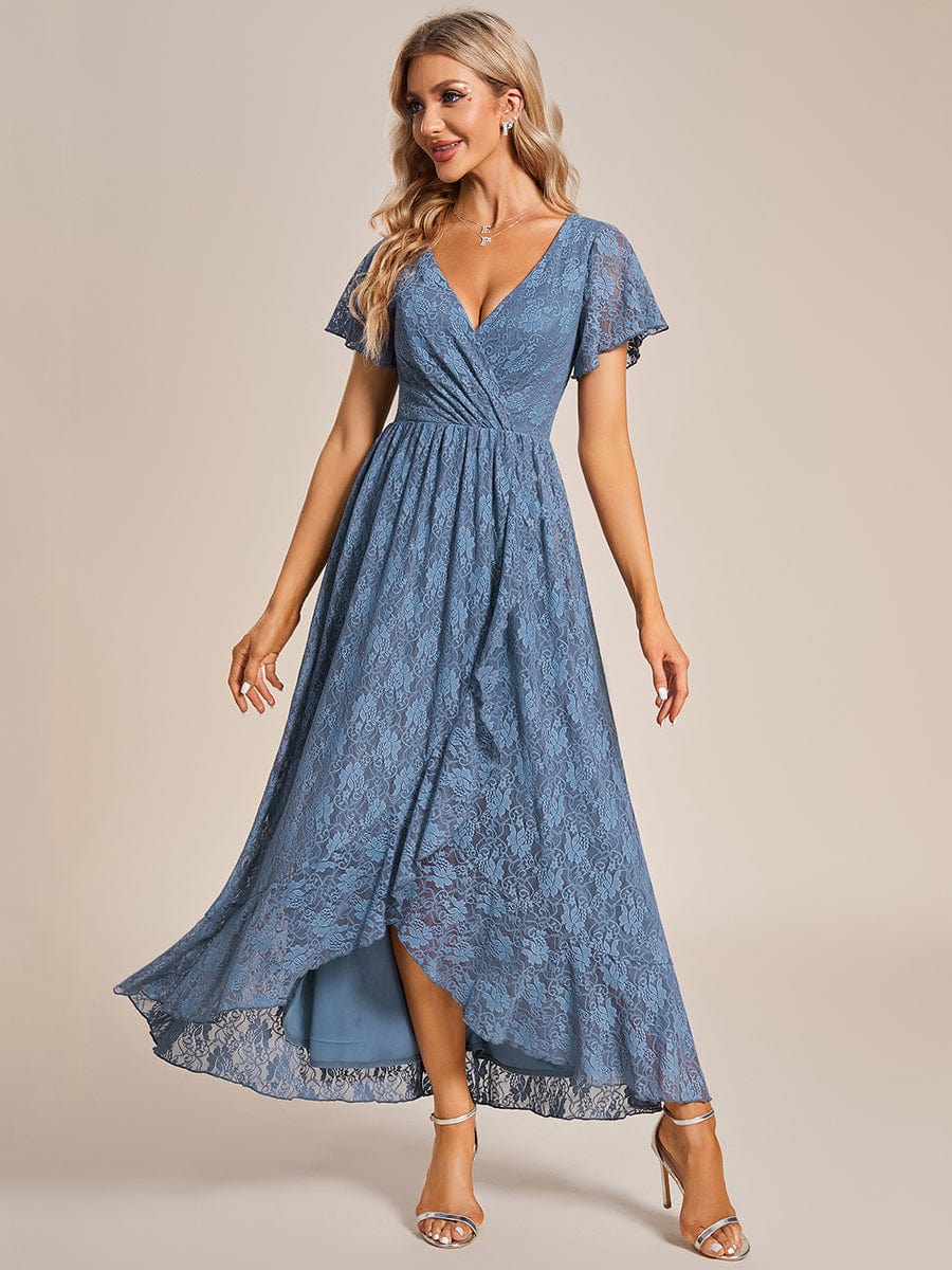 Pleated V-Neck Short Sleeve Ruffled Lace Evening Dress #color_Dusty Blue