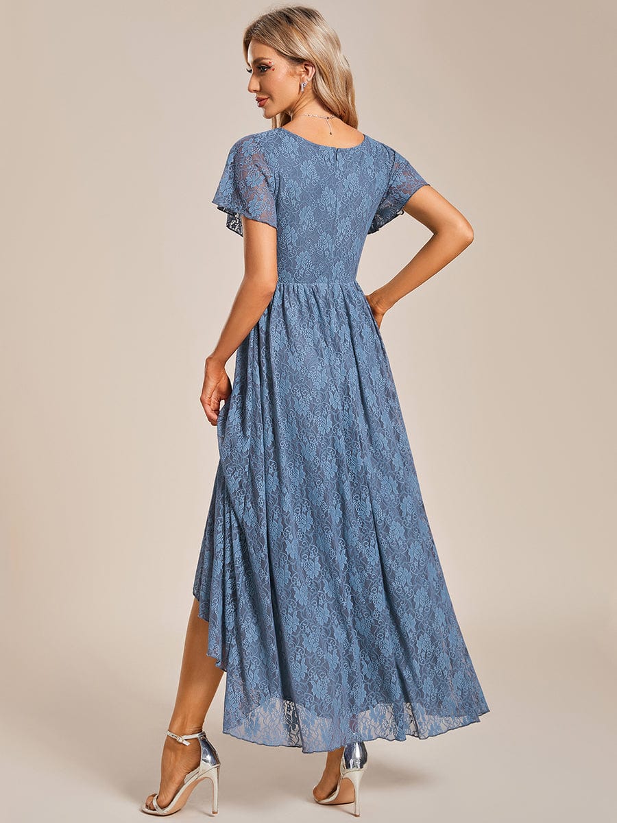 Pleated V-Neck Short Sleeve Ruffled Lace Evening Dress #color_Dusty Blue