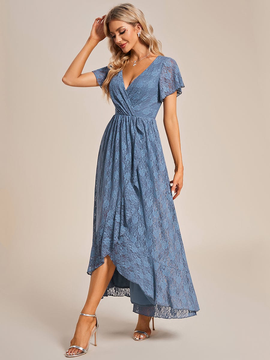 Pleated V-Neck Short Sleeve Ruffled Lace Evening Dress #color_Dusty Blue