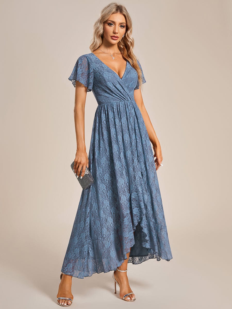 Pleated V-Neck Short Sleeve Ruffled Lace Evening Dress #color_Dusty Blue