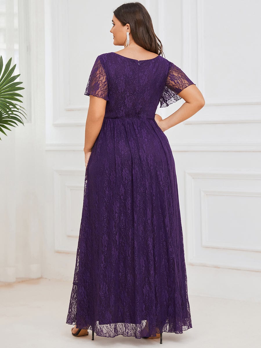 Plus Size Short Sleeve Ruffled V-Neck A-Line Lace Wedding Guest Dress #color_Dark Purple