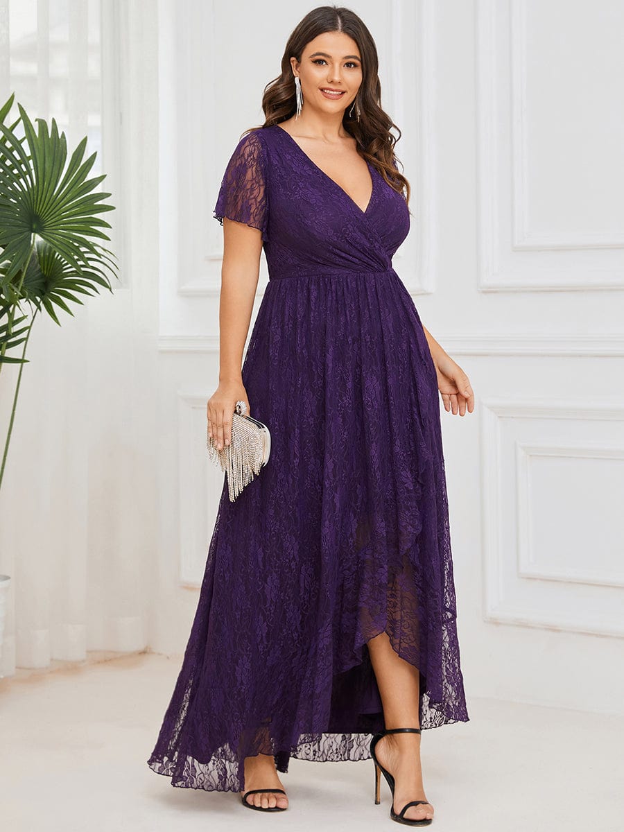 Plus Size Short Sleeve Ruffled V-Neck A-Line Lace Wedding Guest Dress #color_Dark Purple