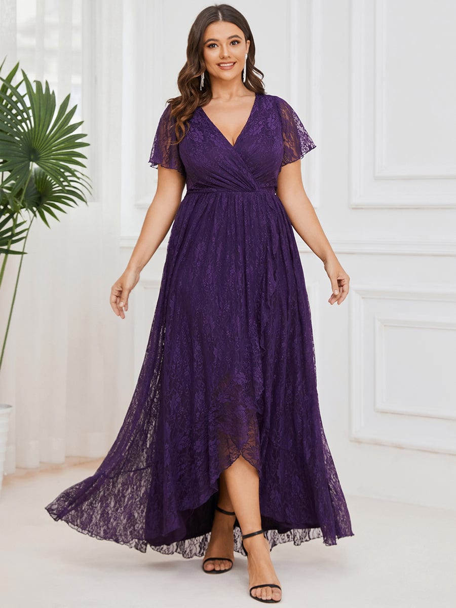 Plus Size Short Sleeve Ruffled V-Neck A-Line Lace Wedding Guest Dress #color_Dark Purple