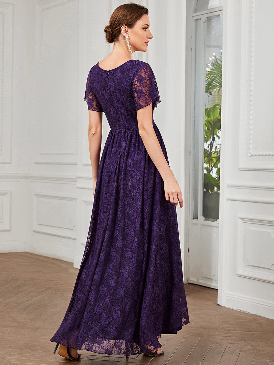 Pleated V-Neck Short Sleeve Ruffled Lace Evening Dress #color_Dark Purple