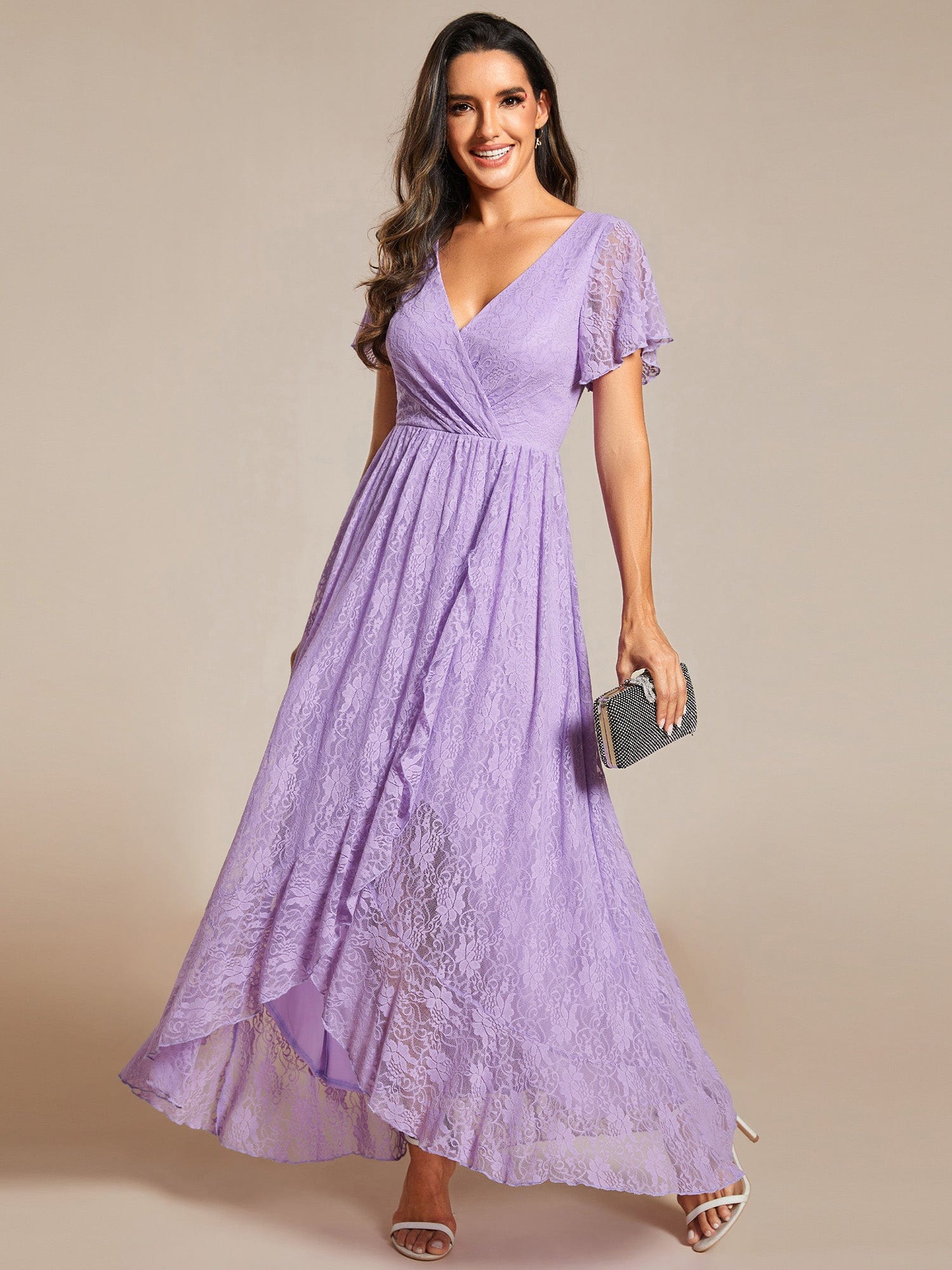 Pleated V-Neck Short Sleeve Ruffled Lace Evening Dress #color_Lavender