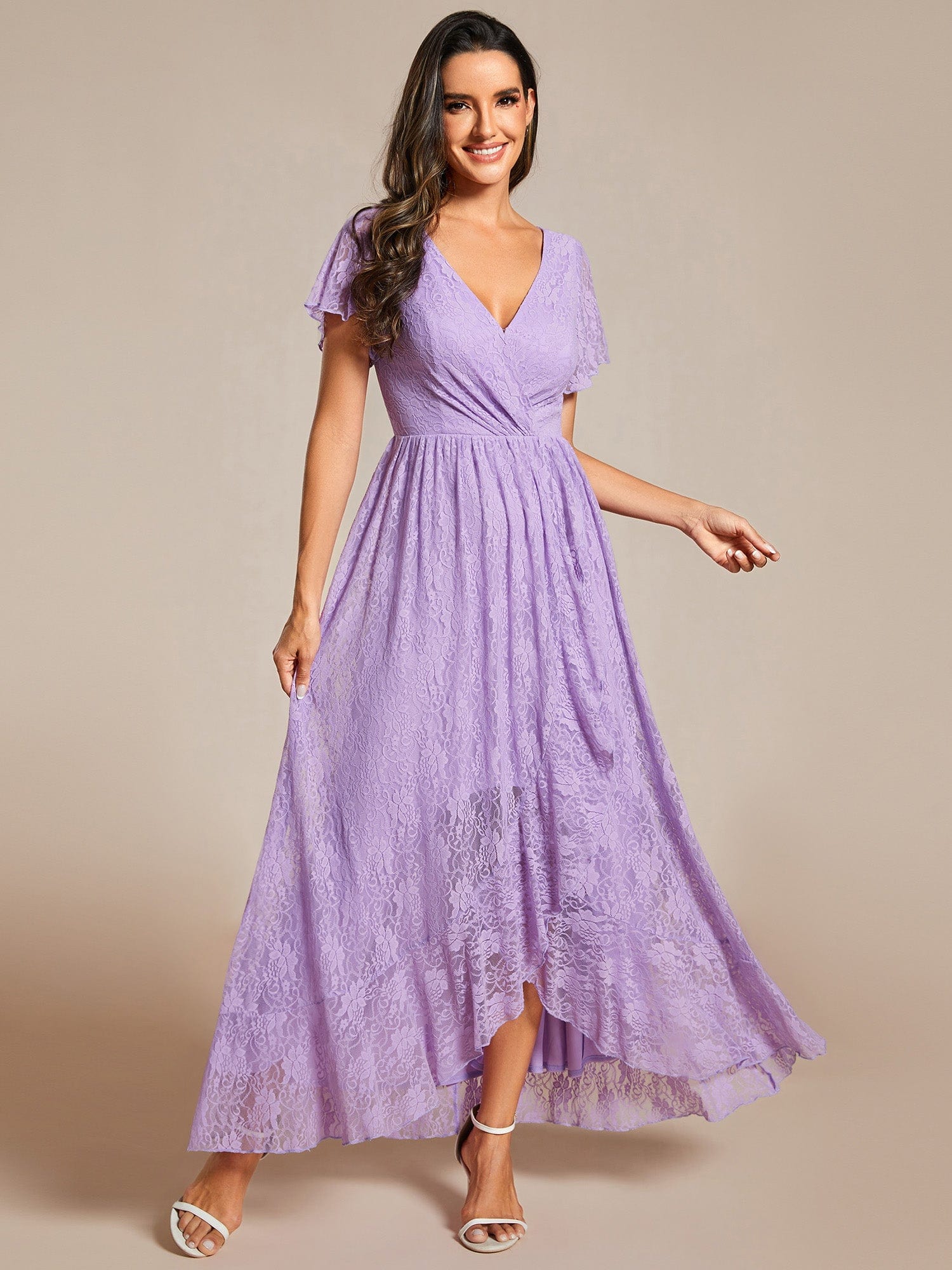 Pleated V-Neck Short Sleeve Ruffled Lace Evening Dress #color_Lavender