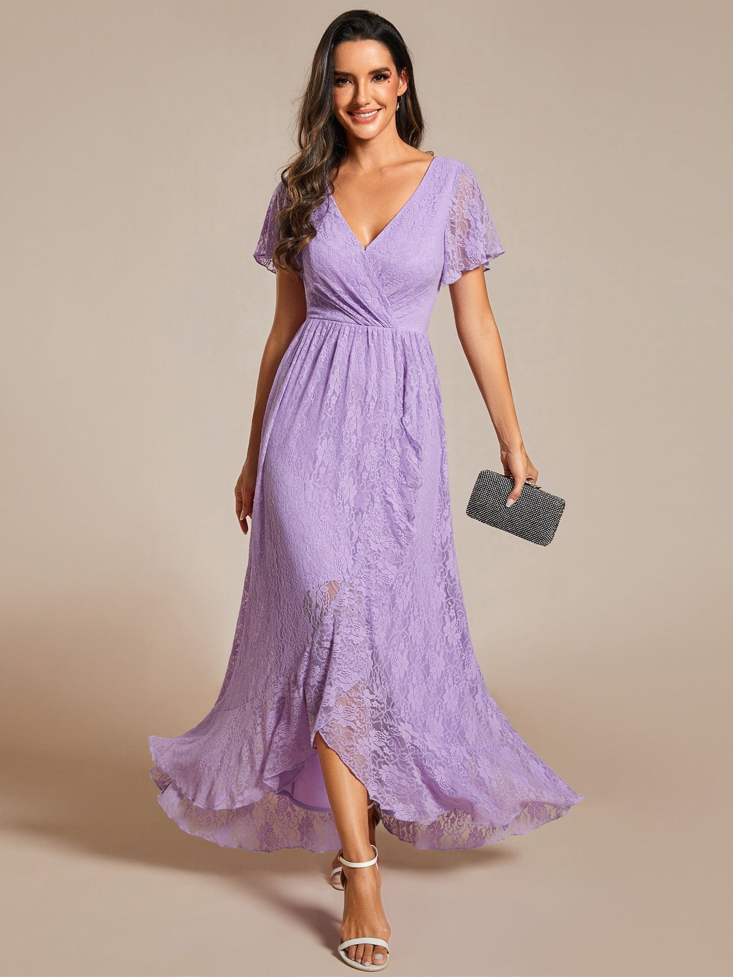 Pleated V-Neck Short Sleeve Ruffled Lace Evening Dress #color_Lavender