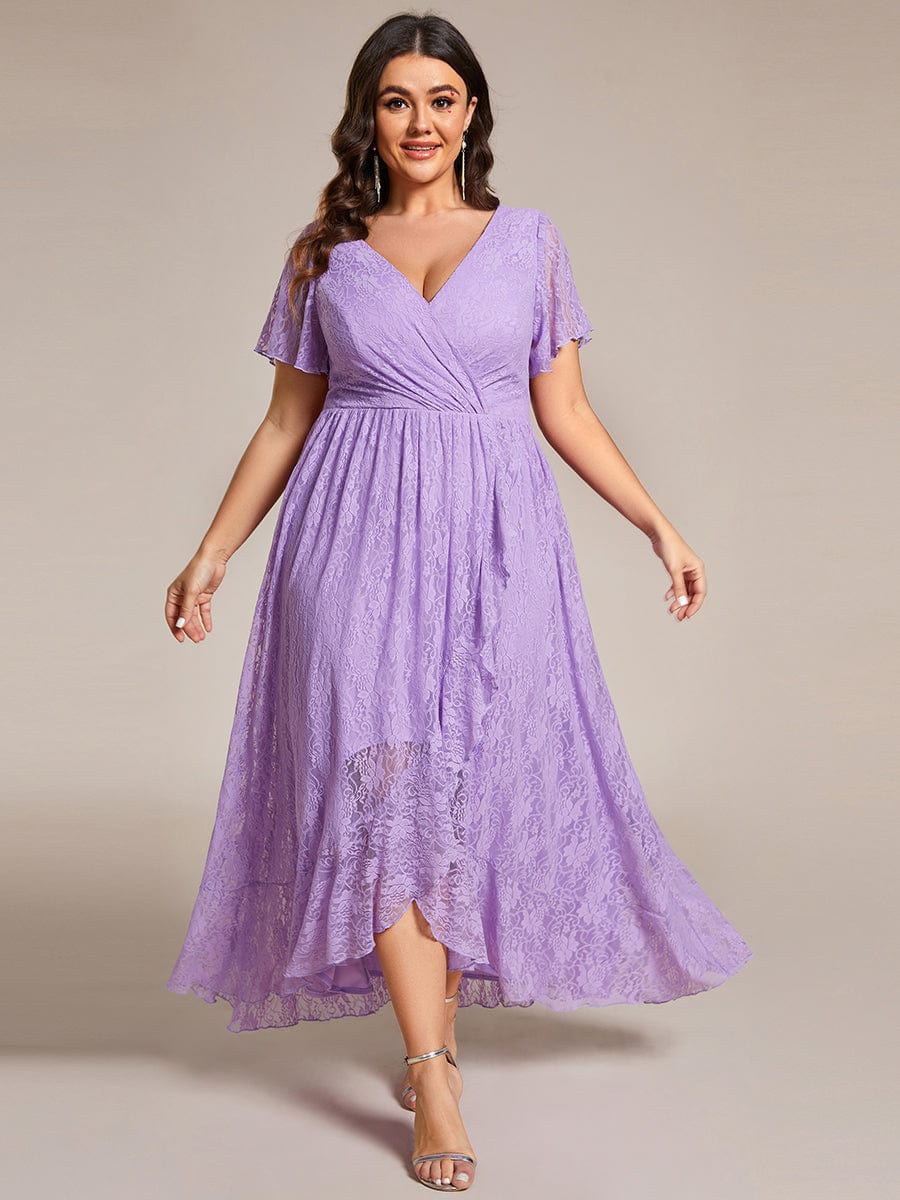 Plus Size Short Sleeve Ruffled V-Neck A-Line Lace Wedding Guest Dress #color_Lavender