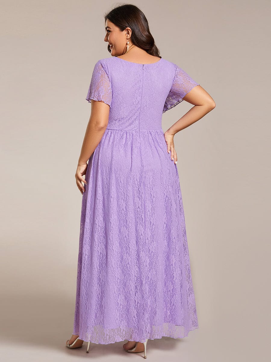 Plus Size Short Sleeve Ruffled V-Neck A-Line Lace Wedding Guest Dress #color_Lavender