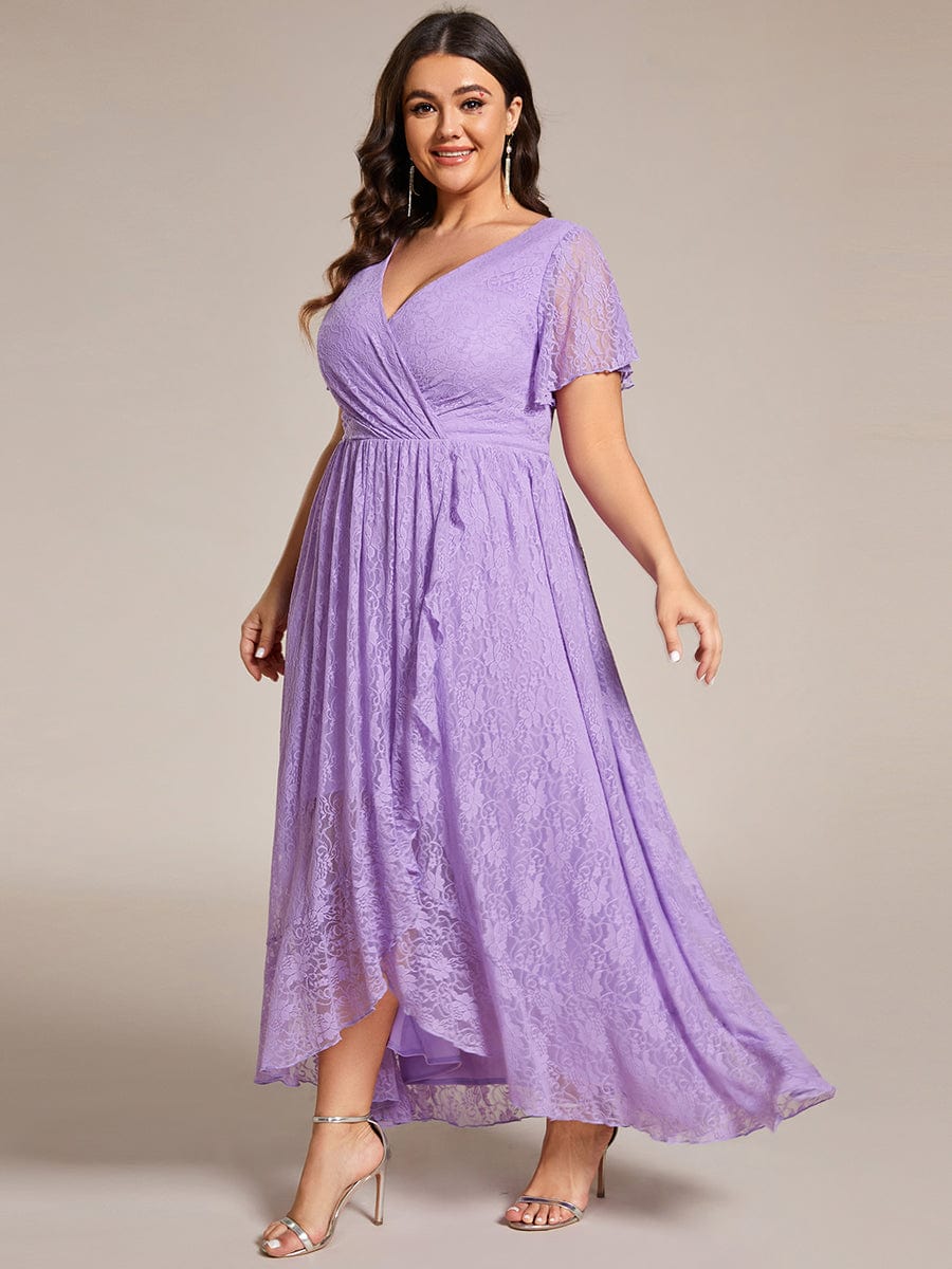 Plus Size Short Sleeve Ruffled V-Neck A-Line Lace Wedding Guest Dress #color_Lavender