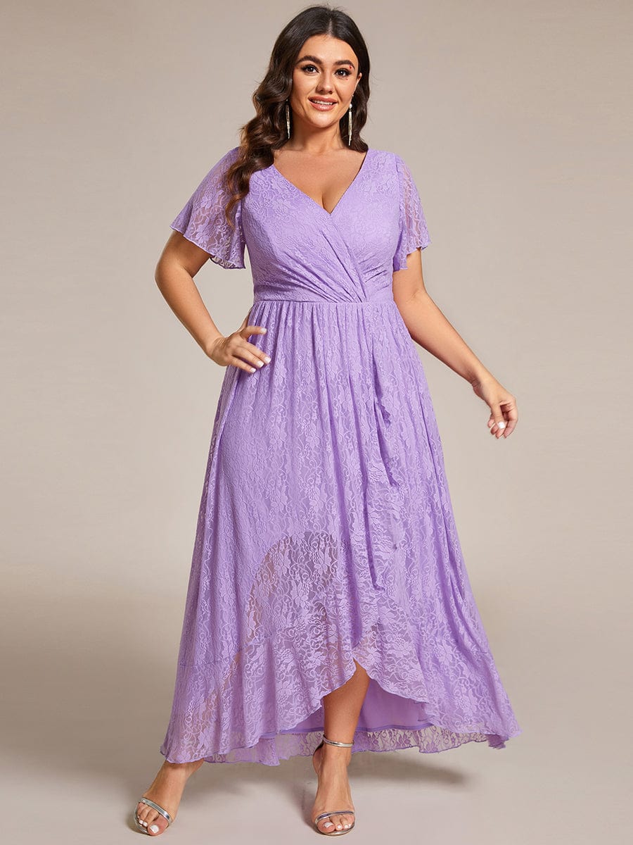 Plus Size Short Sleeve Ruffled V-Neck A-Line Lace Wedding Guest Dress #color_Lavender