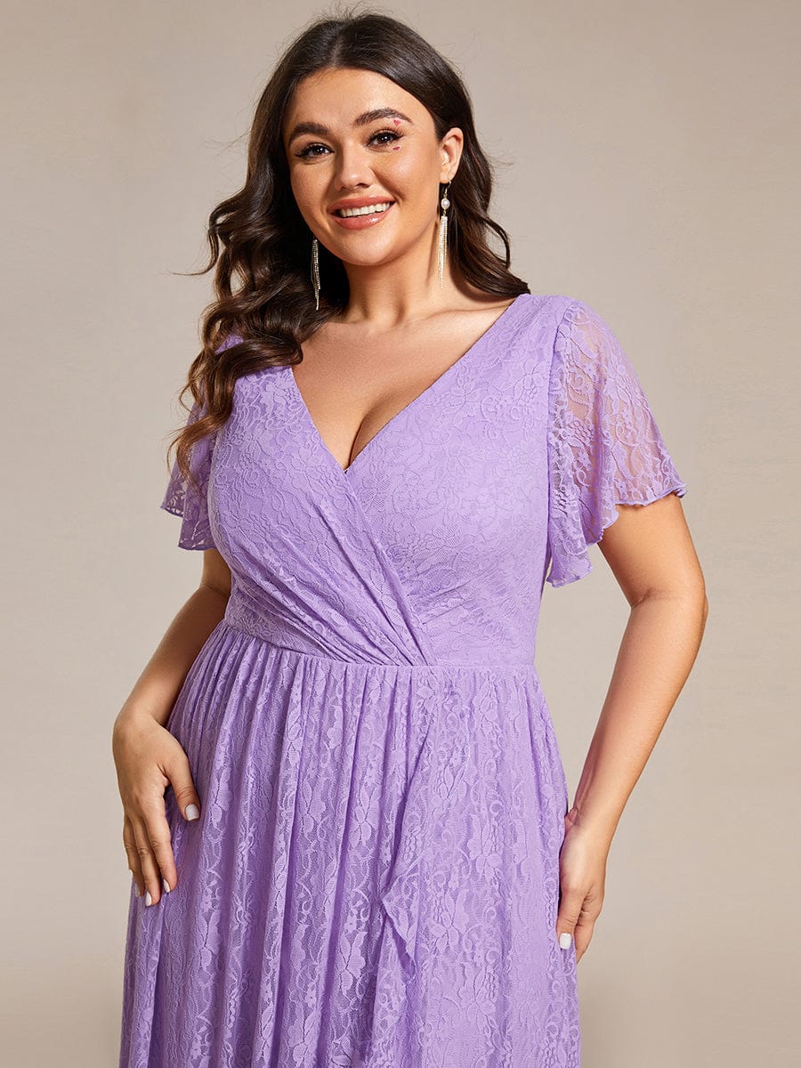 Plus Size Short Sleeve Ruffled V-Neck A-Line Lace Wedding Guest Dress #color_Lavender