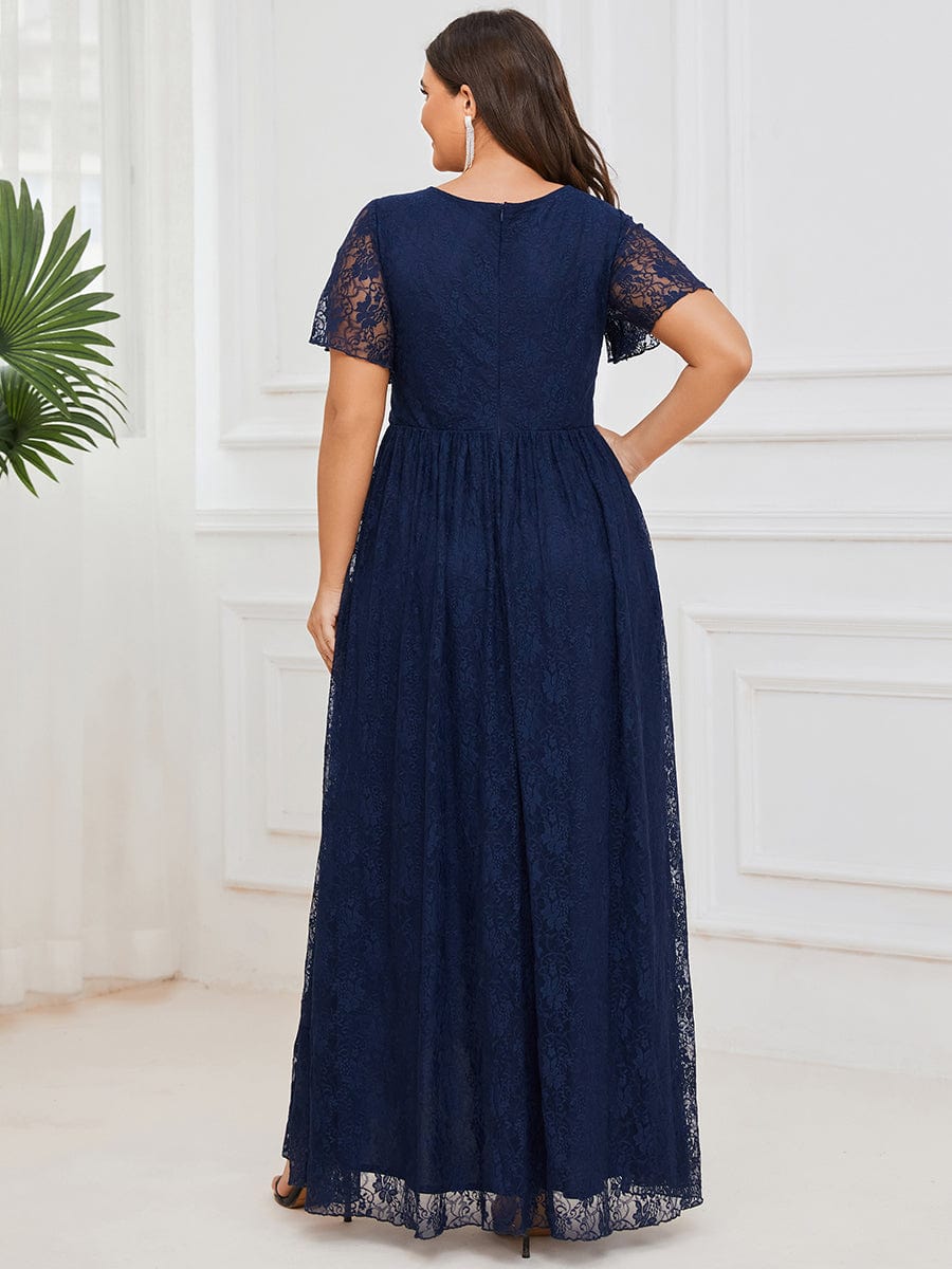 Pleated V-Neck Short Sleeve Ruffled Lace Evening Dress #color_Navy Blue