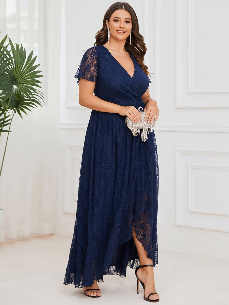 Plus Size Short Sleeve Ruffled V-Neck A-Line Lace Wedding Guest Dress #color_Navy Blue