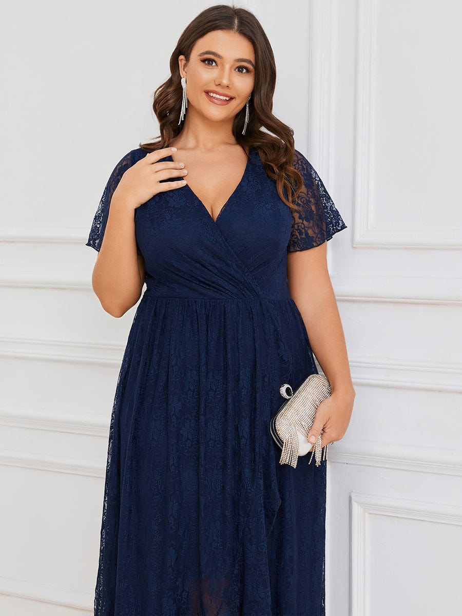 Plus Size Short Sleeve Ruffled V-Neck A-Line Lace Wedding Guest Dress #color_Navy Blue