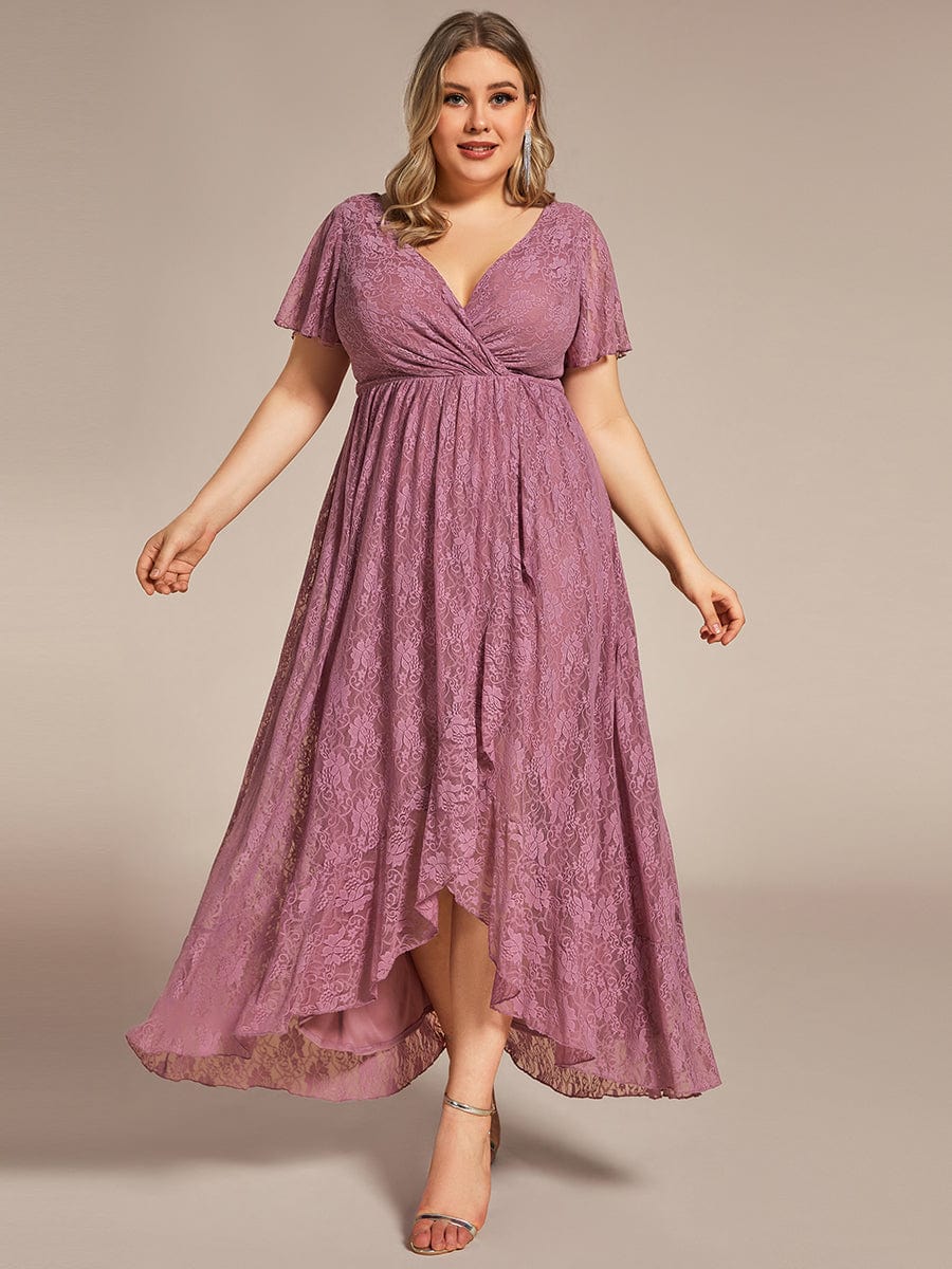 Pleated V-Neck Short Sleeve Ruffled Lace Evening Dress #color_Purple Orchid