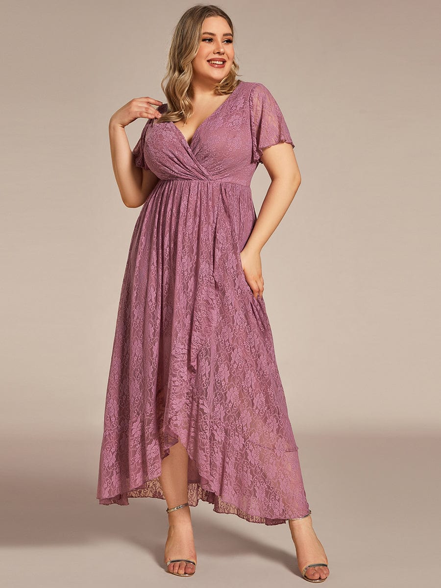 Plus Size Short Sleeve Ruffled V-Neck A-Line Lace Wedding Guest Dress #color_Purple Orchid