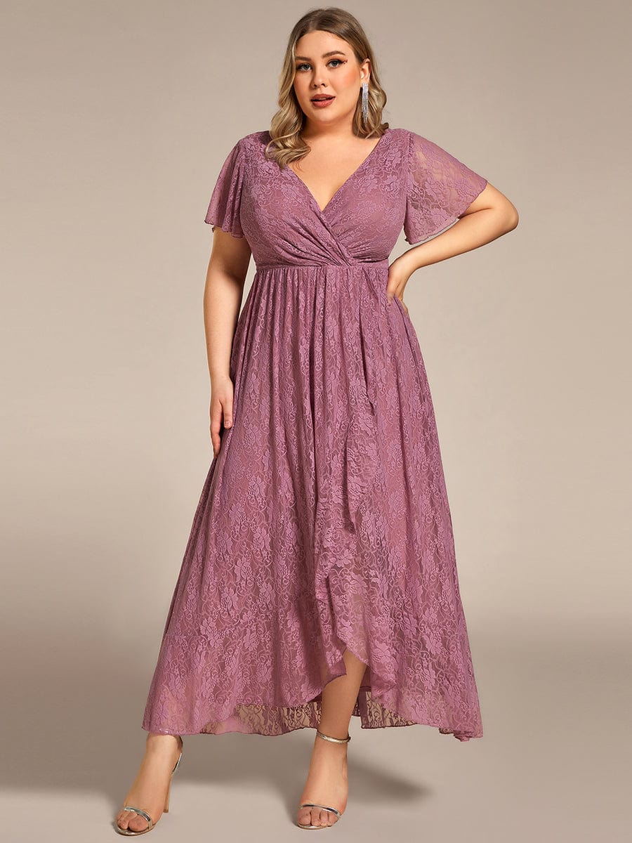 Plus Size Short Sleeve Ruffled V-Neck A-Line Lace Wedding Guest Dress #color_Purple Orchid