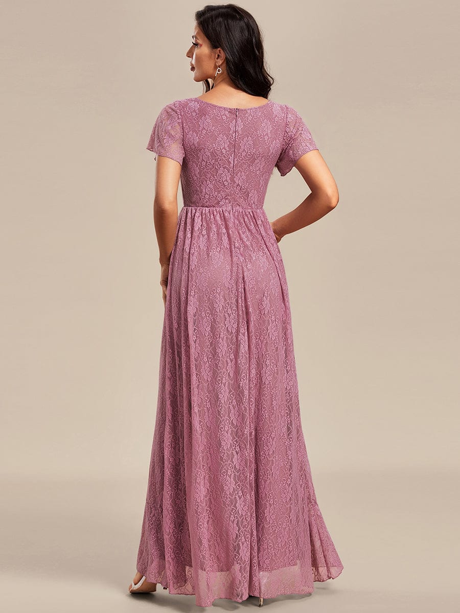 Pleated V-Neck Short Sleeve Ruffled Lace Evening Dress #color_Purple Orchid