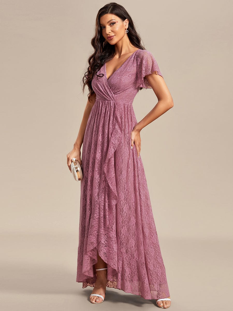 Pleated V-Neck Short Sleeve Ruffled Lace Evening Dress #color_Purple Orchid