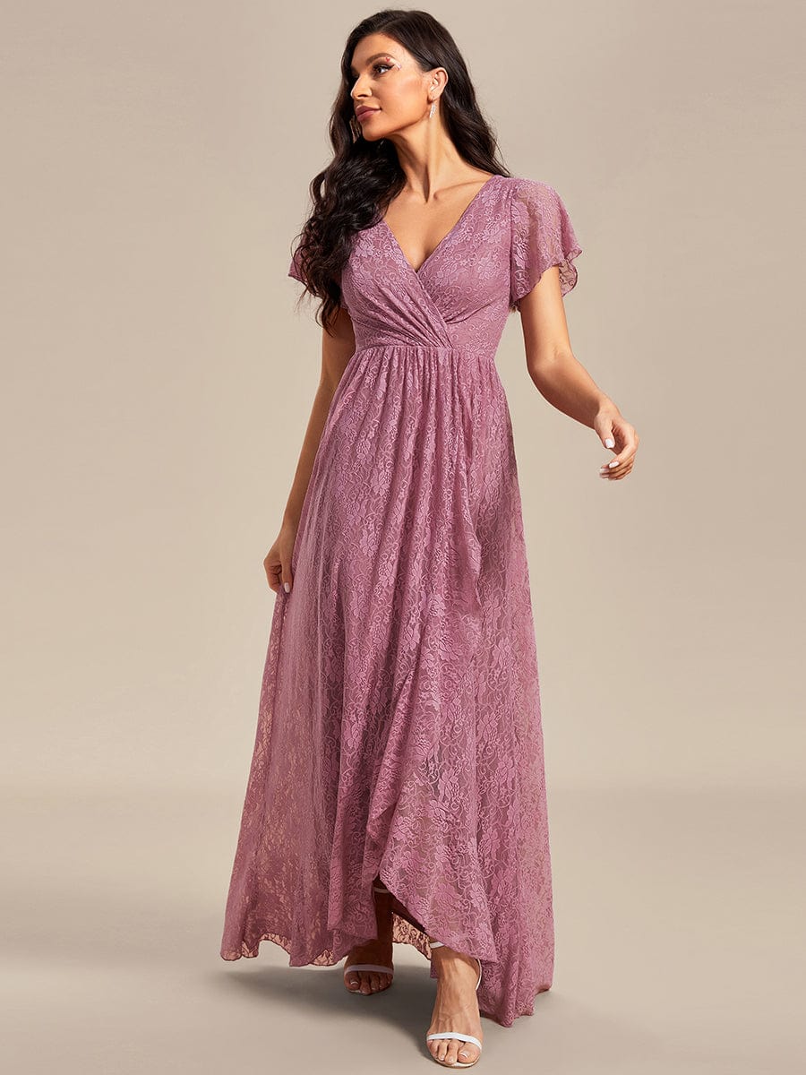 Pleated V-Neck Short Sleeve Ruffled Lace Evening Dress #color_Purple Orchid