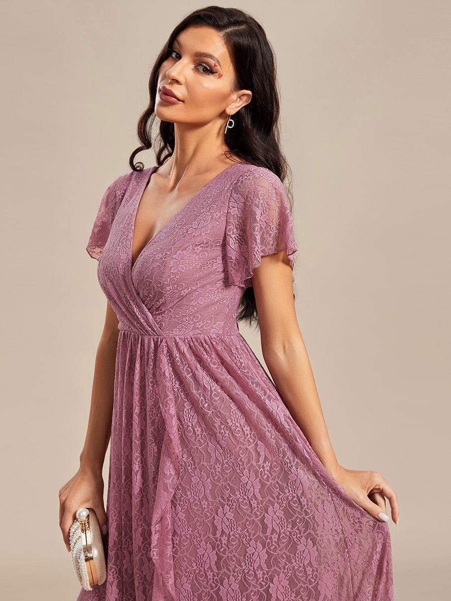 Pleated V-Neck Short Sleeve Ruffled Lace Evening Dress #color_Purple Orchid