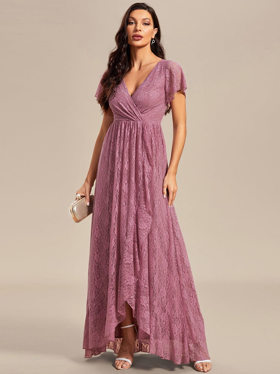 Pleated V-Neck Short Sleeve Ruffled Lace Evening Dress #color_Purple Orchid