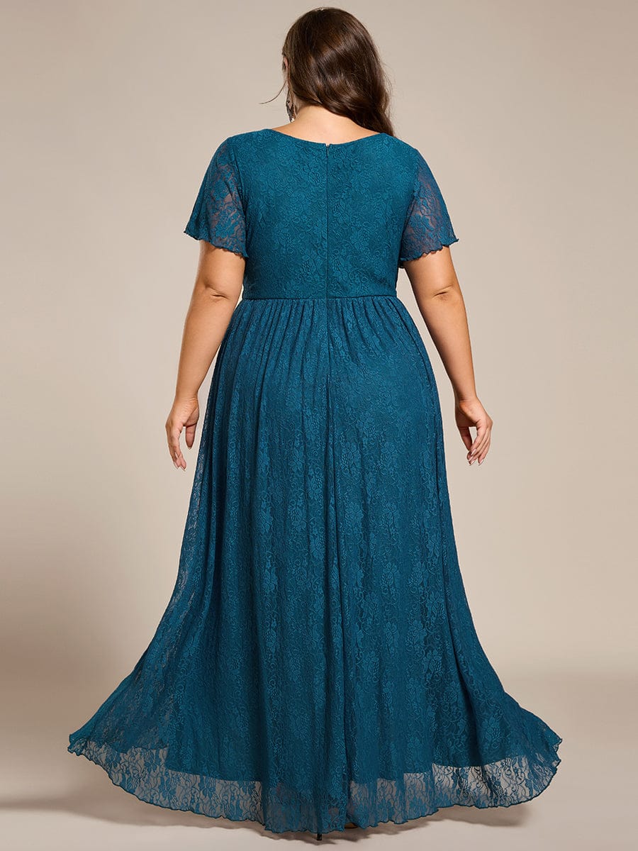 Plus Size Short Sleeve Ruffled V-Neck A-Line Lace Wedding Guest Dress #color_Teal