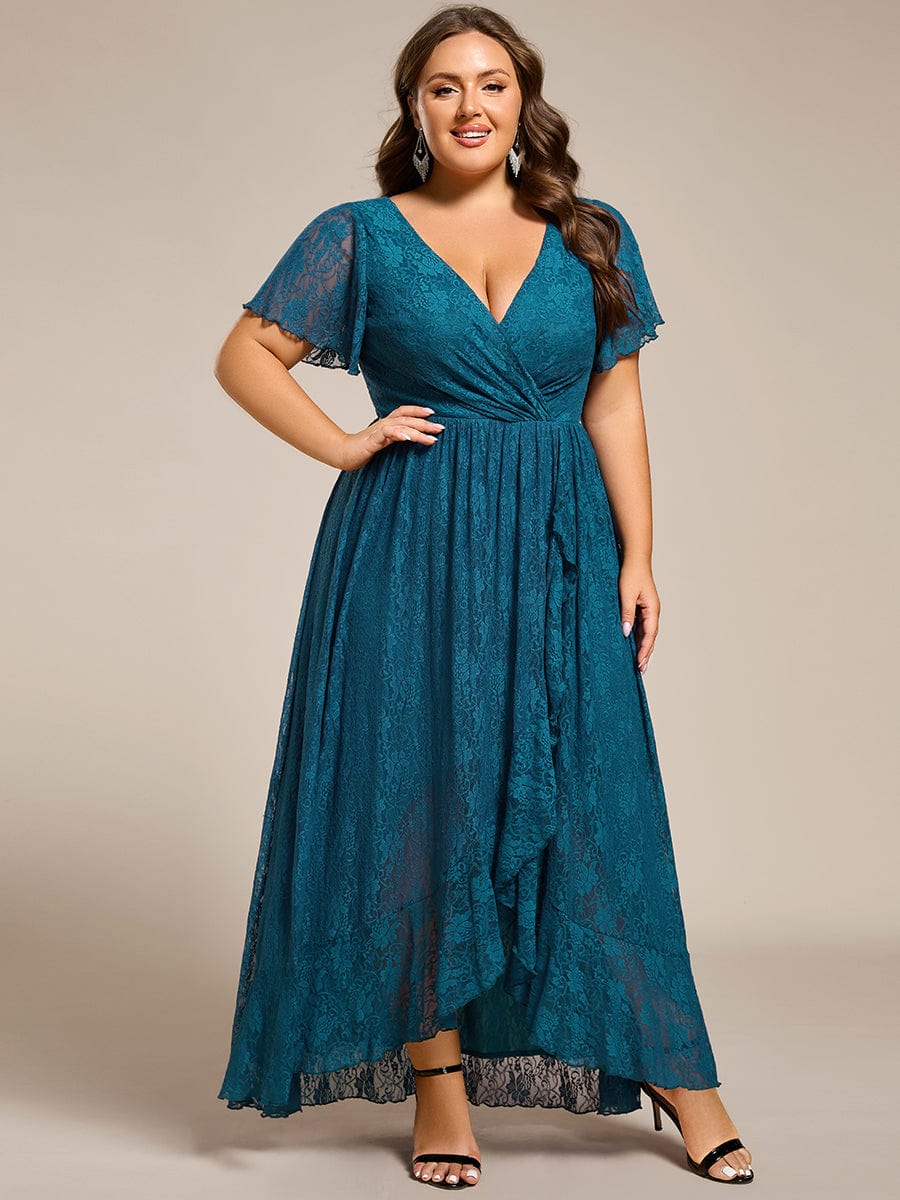 Plus Size Short Sleeve Ruffled V-Neck A-Line Lace Evening Dress #color_Teal