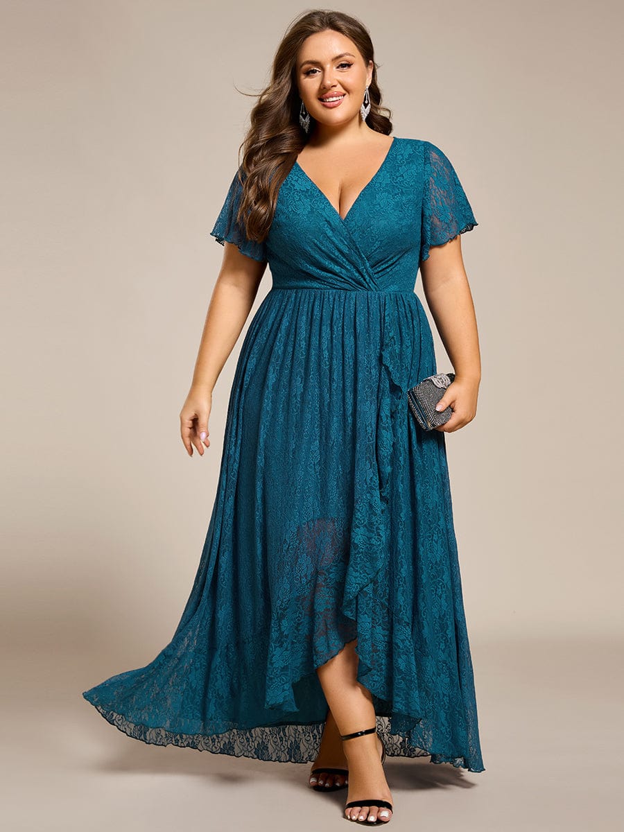 Plus Size Short Sleeve Ruffled V-Neck A-Line Lace Evening Dress #color_Teal