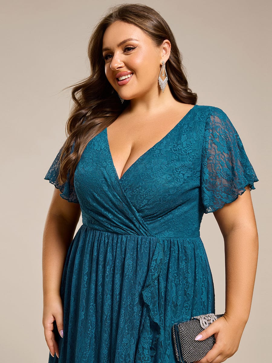 Plus Size Short Sleeve Ruffled V-Neck A-Line Lace Wedding Guest Dress #color_Teal