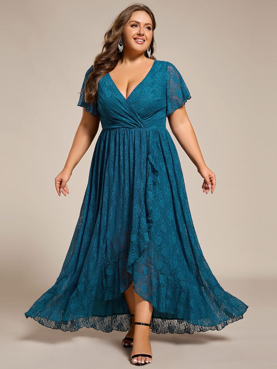 Plus Size Short Sleeve Ruffled V-Neck A-Line Lace Evening Dress #color_Teal