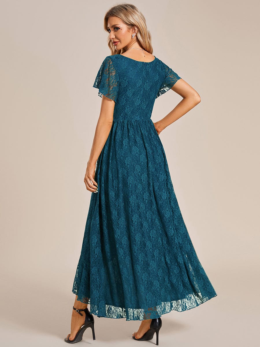 Pleated V-Neck Short Sleeve Ruffled Lace Evening Dress #color_Teal