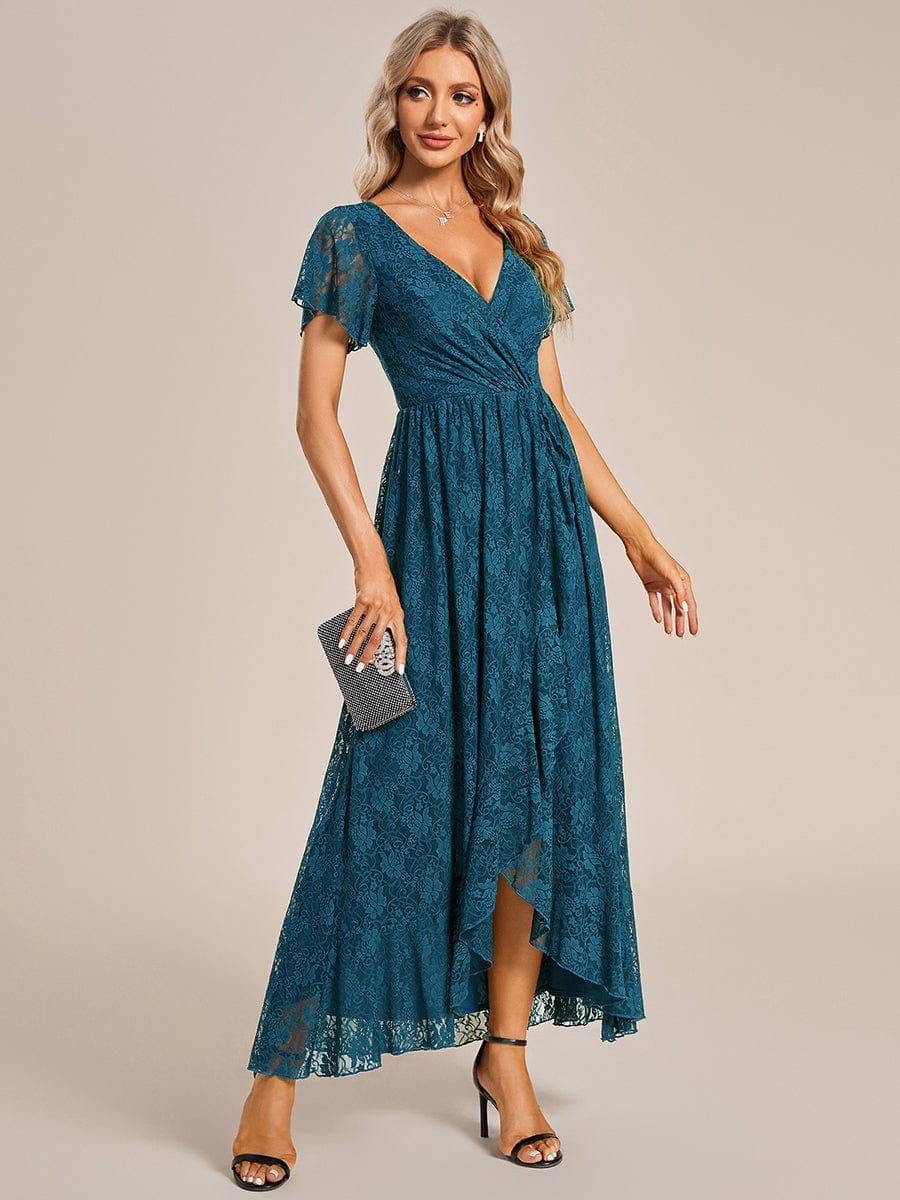 Pleated V-Neck Short Sleeve Ruffled Lace Evening Dress #color_Teal