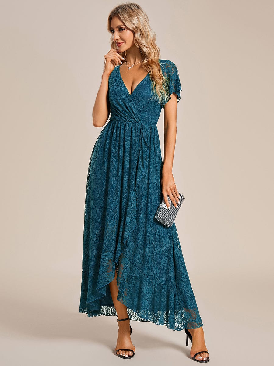 Pleated V-Neck Short Sleeve Ruffled Lace Evening Dress #color_Teal