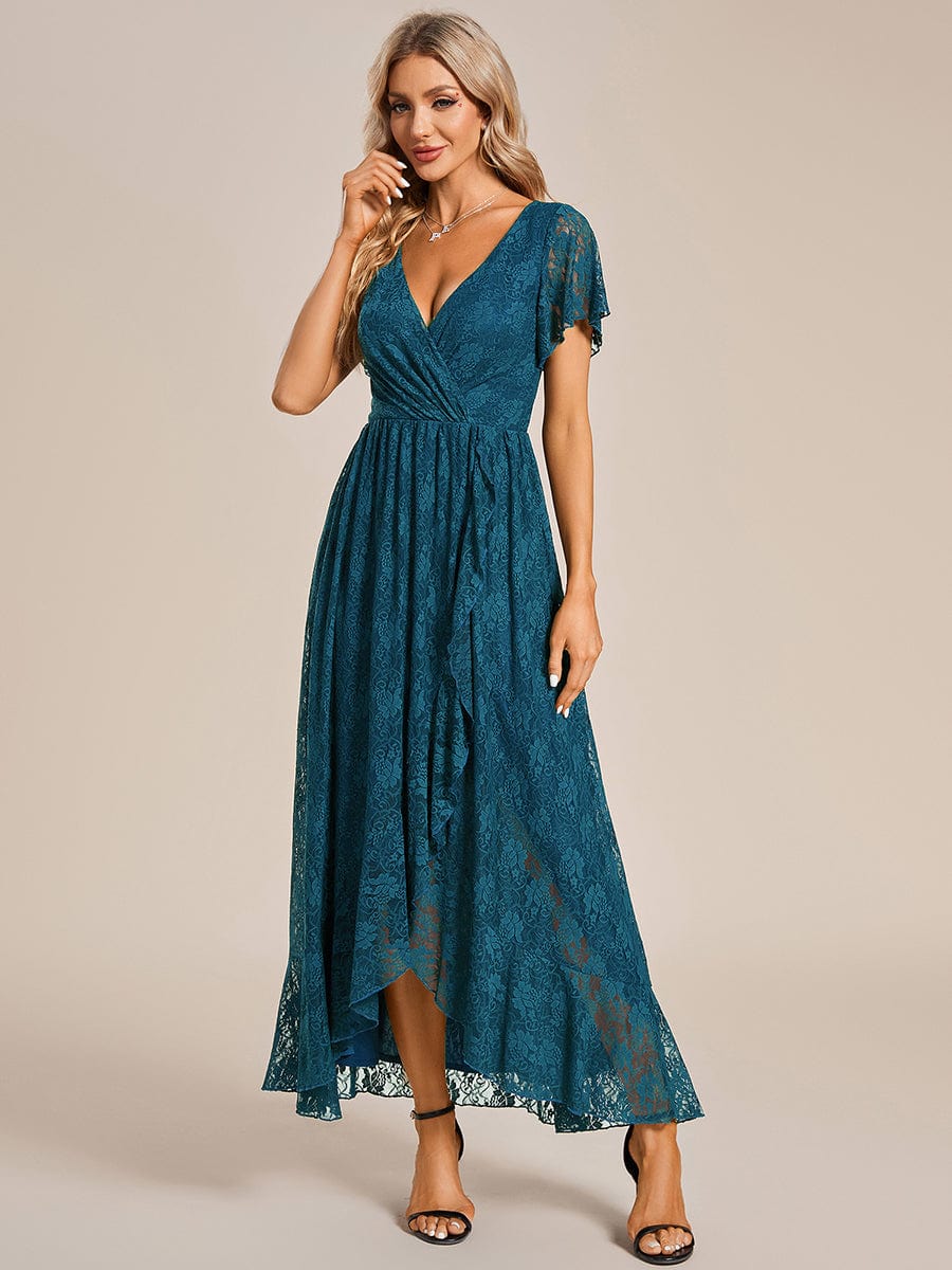 Pleated V-Neck Short Sleeve Ruffled Lace Evening Dress #color_Teal