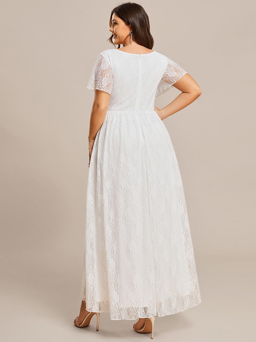 Plus Size Short Sleeve Ruffled V-Neck A-Line Lace Wedding Guest Dress #color_White