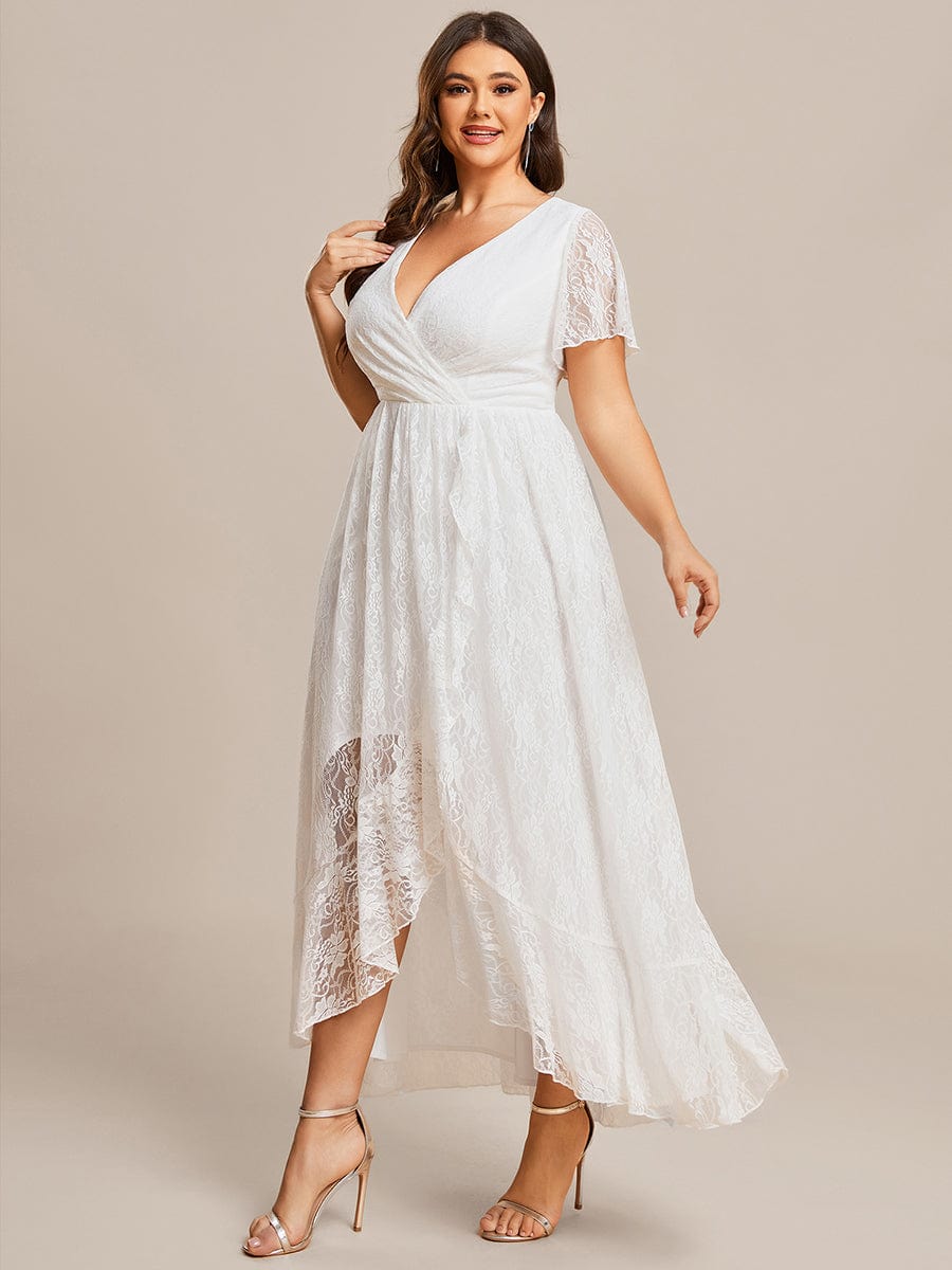 Plus Size Short Sleeve Ruffled V-Neck A-Line Lace Wedding Guest Dress #color_White