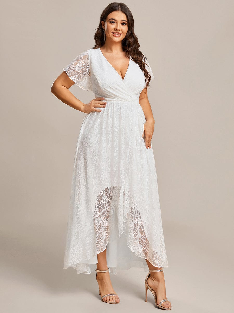 Plus Size Short Sleeve Ruffled V-Neck A-Line Lace Wedding Guest Dress #color_White