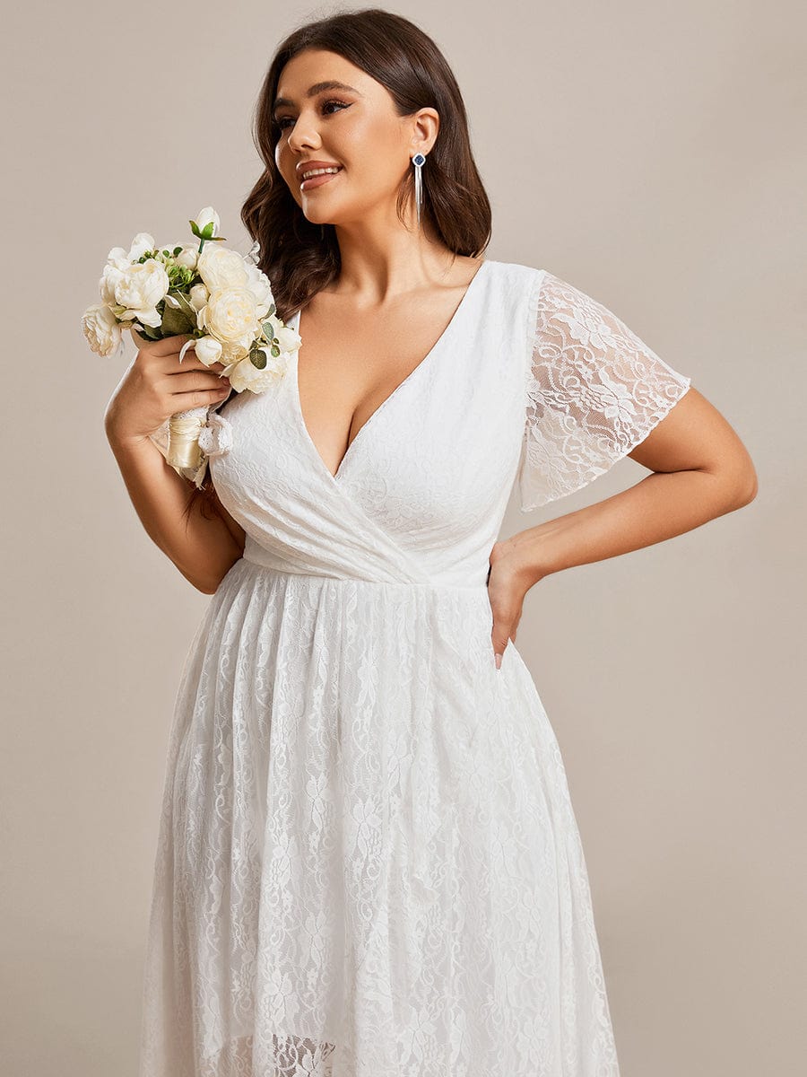 Plus Size Short Sleeve Ruffled V-Neck A-Line Lace Wedding Guest Dress #color_White