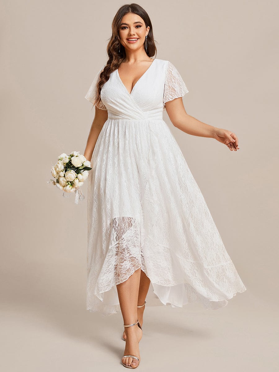 Plus Size Short Sleeve Ruffled V-Neck A-Line Lace Wedding Guest Dress #color_White