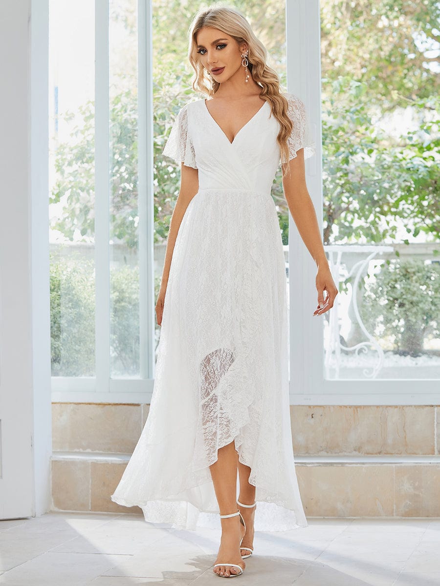 Pleated V-Neck Short Sleeve Ruffled Lace Evening Dress #color_White