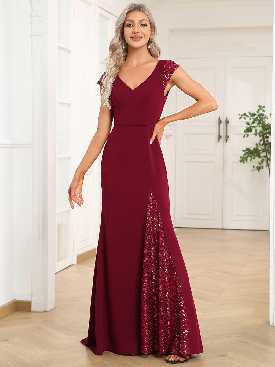 Custom Size Sequin Deep V Trail Sequin Fashion Evening Dress #color_Burgundy