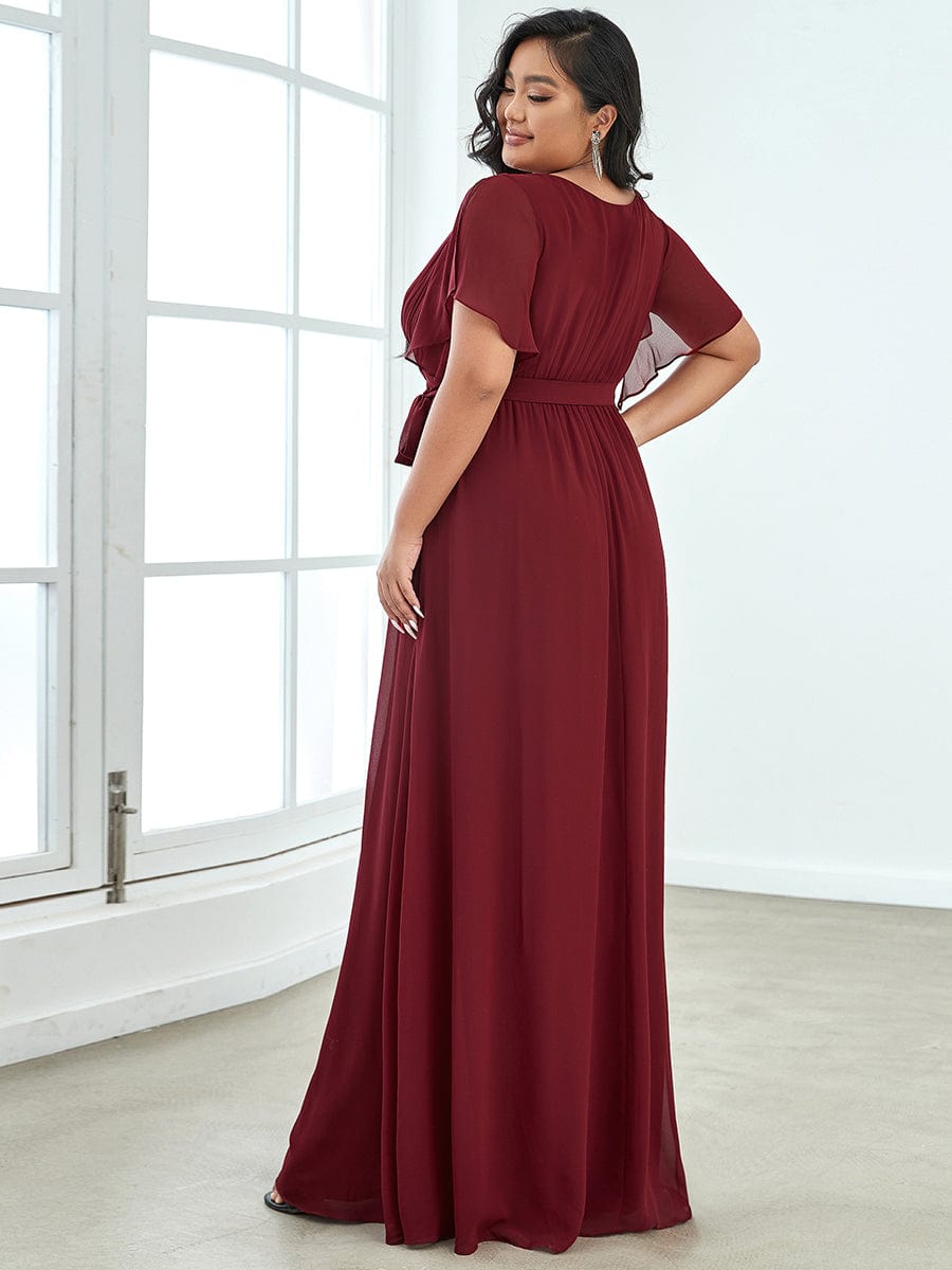 A-Line Pleated Chiffon Tie-Waist Evening Dress #color_Burgundy