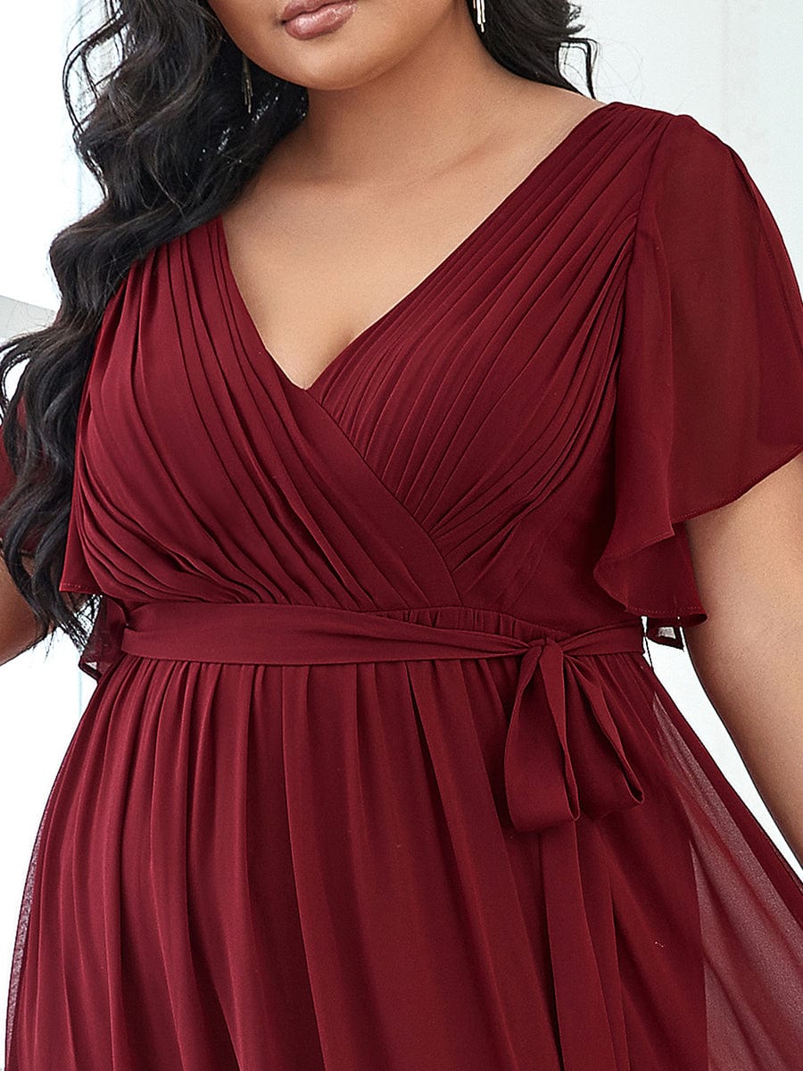 A-Line Pleated Chiffon Tie-Waist Evening Dress #color_Burgundy