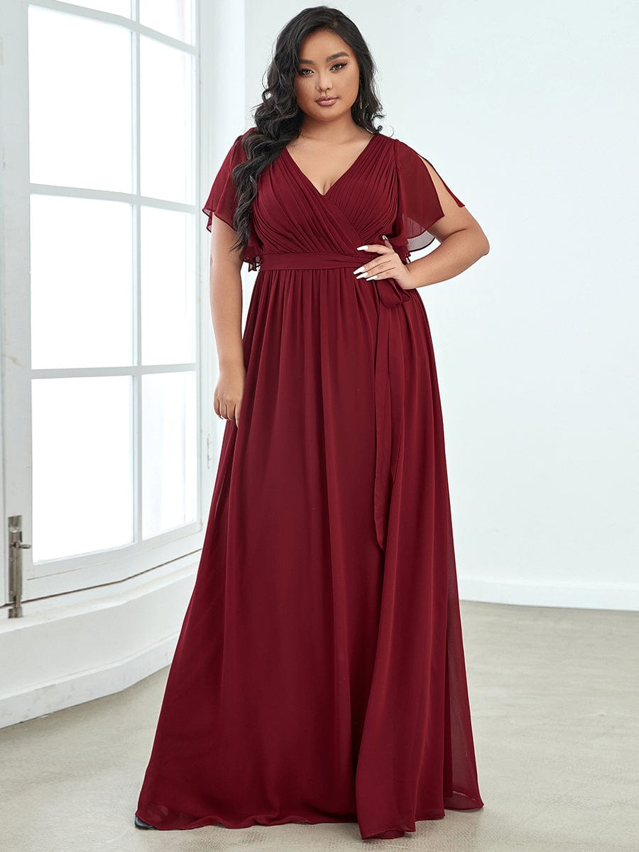 A-Line Pleated Chiffon Tie-Waist Evening Dress #color_Burgundy