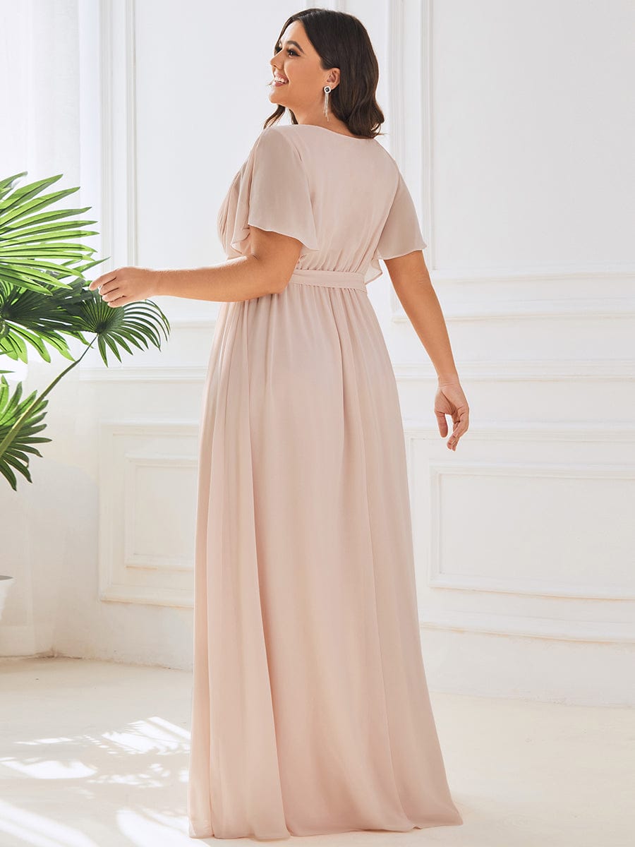 Plus Size Ruffle Pleated Chiffon Tie-Waist Evening Dress #color_Blush